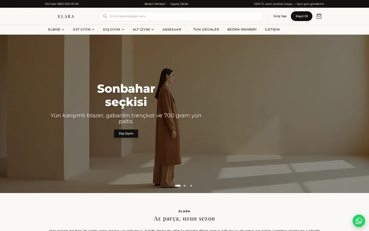 ELARA örnek mağazasının ana sayfası
